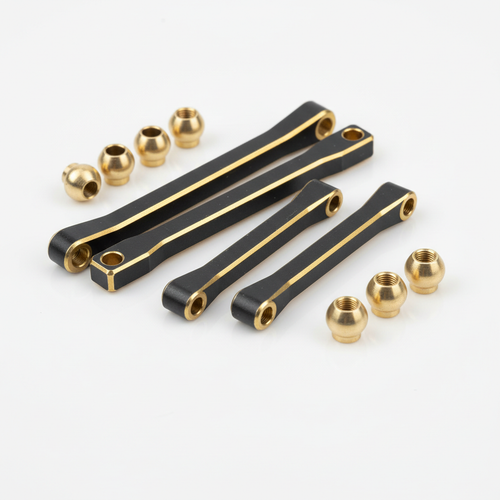 CNC-machined solid brass high-clearance steering links with black coating and gold chamfered edges for 1/24 Axial SCX24